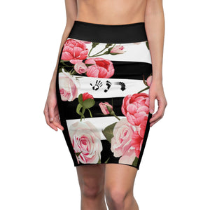 Five Toes Down Flowers Blk Women's Pencil Skirt